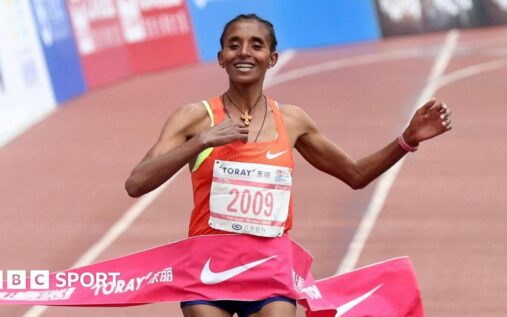 Ethiopian long-distance runner Yebrgual Melese competing in an international marathon event