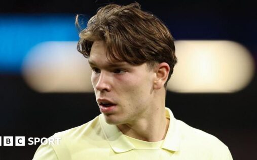 Everton winger Tyler Dibling looking thoughtful on the pitch during a Premier League match