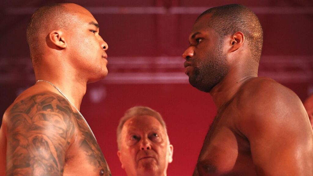Fabio Wardley throwing a punch at Daniel Dubois during a heavyweight boxing match