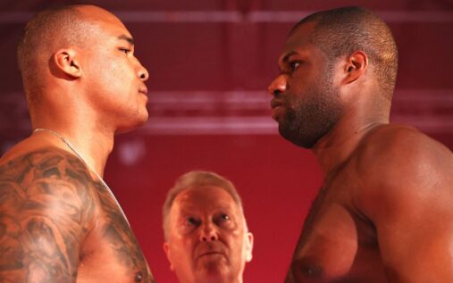 Fabio Wardley throwing a punch at Daniel Dubois during a heavyweight boxing match