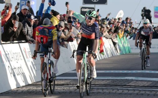 Cyclist Paul Seixas riding for Decathlon CMA CGM during a race