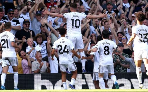 Tom Cairney of Fulham celebrating his long-range goal against Newcastle United at Craven Cottage