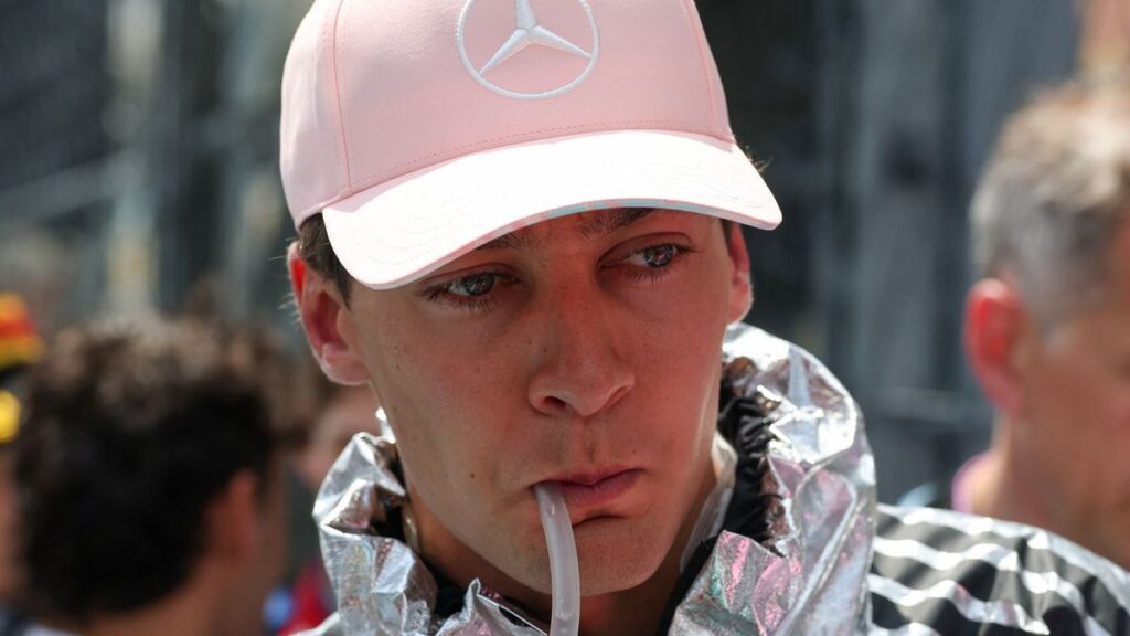 George Russell of Mercedes looking thoughtful in the paddock at the Miami Grand Prix