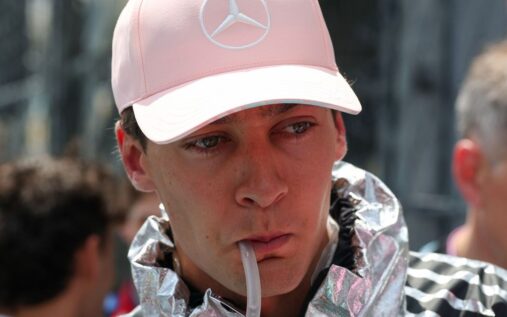 George Russell of Mercedes looking thoughtful in the paddock at the Miami Grand Prix