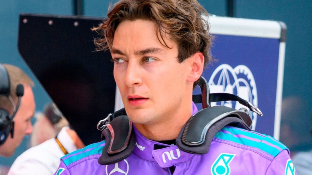 George Russell driving his Mercedes Formula 1 car on track