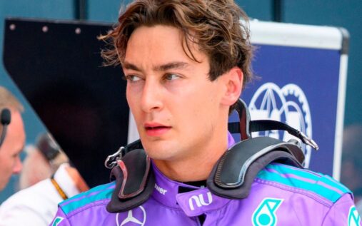 George Russell driving his Mercedes Formula 1 car on track
