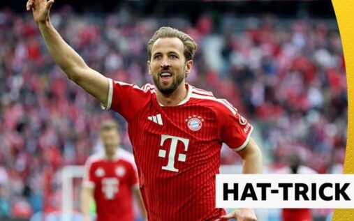 Harry Kane celebrating a goal for Bayern Munich against Cologne in the Bundesliga