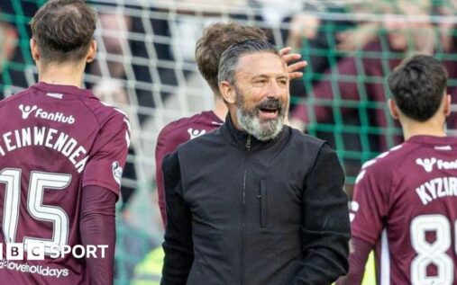 Hearts and Celtic players competing fiercely during a Scottish Premiership match