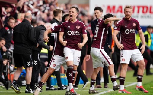 Lawrence Shankland celebrating his winning goal for Hearts against Rangers at Tynecastle