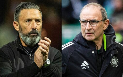 Hearts manager Derek McInnes reacting on the touchline during a Scottish Premiership match