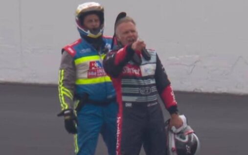 Ed Carpenter angrily gesturing at Takuma Sato's car on the Indianapolis 500 track