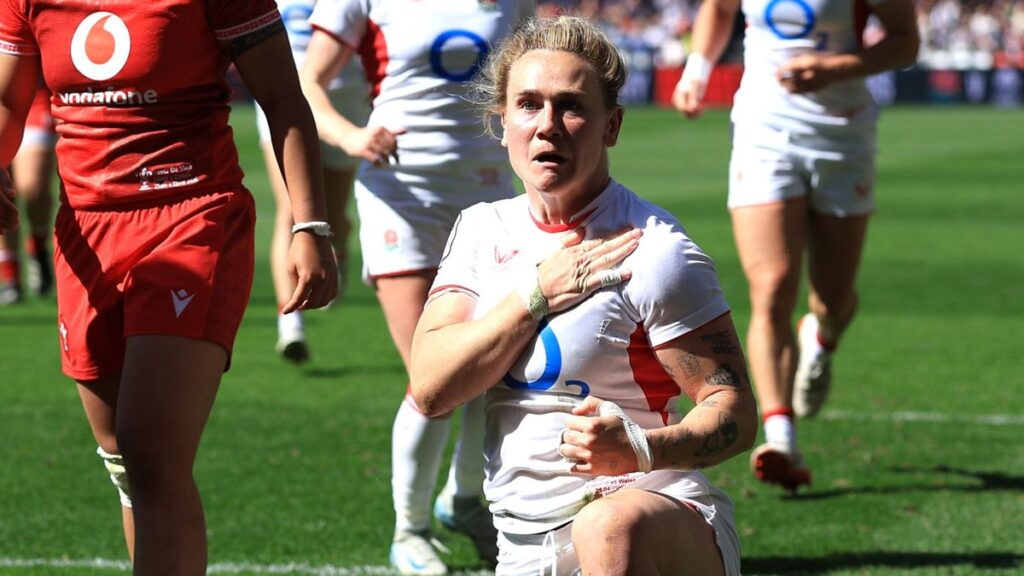 England Red Roses players prepare for a scrum during a Women's Six Nations rugby match