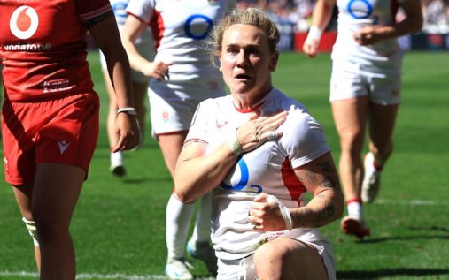 England Red Roses players prepare for a scrum during a Women's Six Nations rugby match