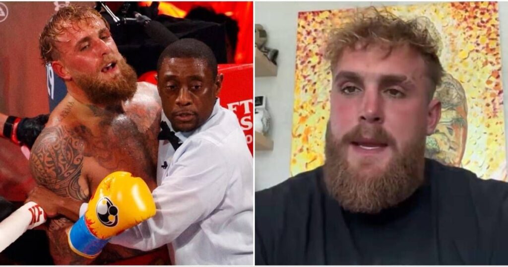 Jake Paul looking dejected in the boxing ring after his knockout loss to Anthony Joshua