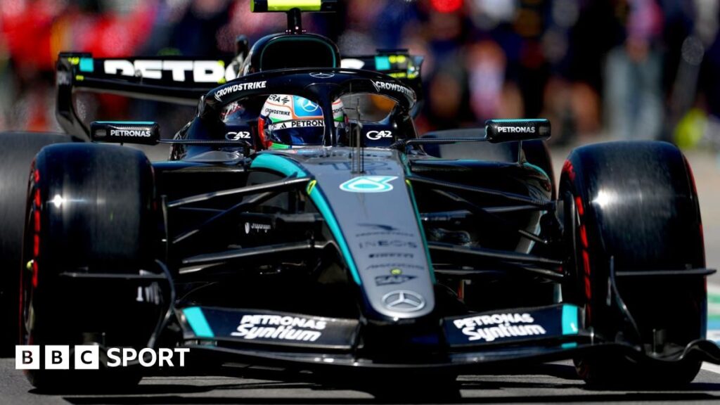 Kimi Antonelli steering his Mercedes Formula 1 car during the Canadian Grand Prix practice session.