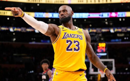 Los Angeles Lakers forward LeBron James looking reflective on the basketball court