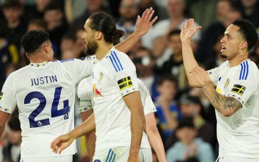 Leeds United players celebrating a goal against Burnley at Elland Road