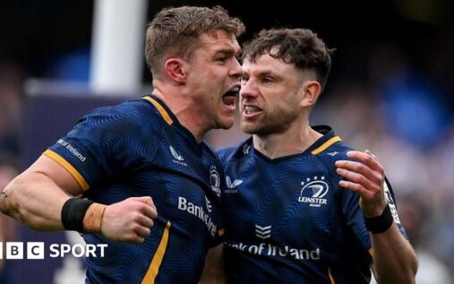 Leinster rugby players celebrating their Champions Cup semi-final victory over Toulon in Dublin