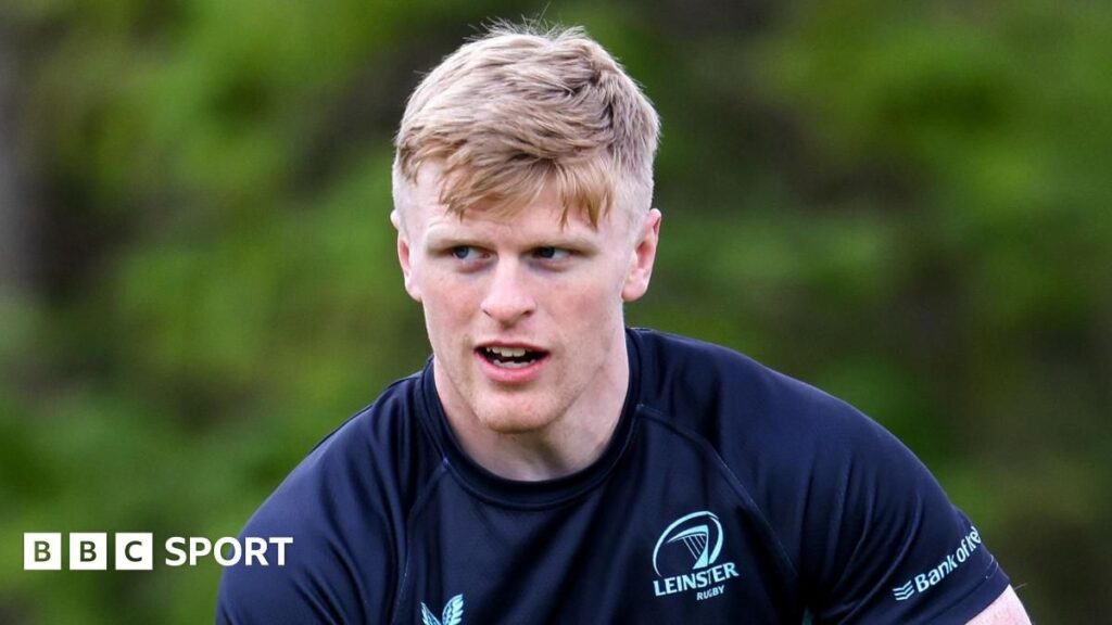 Leinster wing Tommy O'Brien running with the ball during a United Rugby Championship match