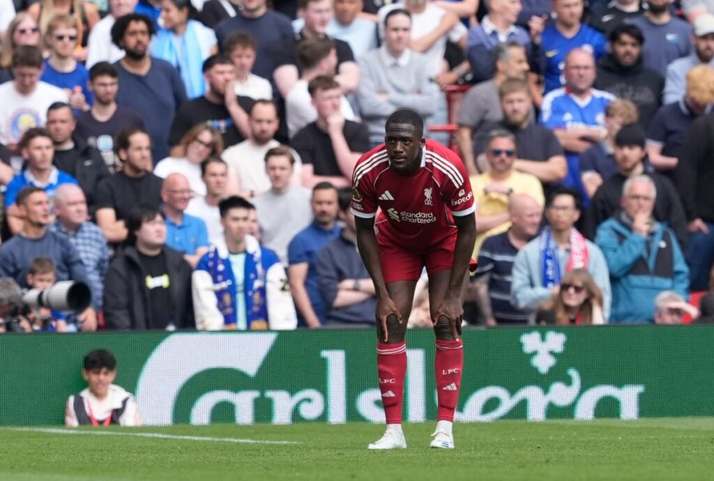 Ibrahima Konate walking off the pitch injured during Liverpool's match against Chelsea