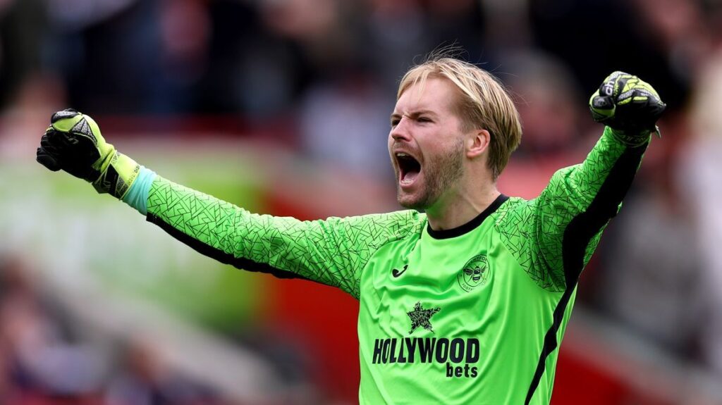 Caoimhin Kelleher playing in goal for Brentford during a Premier League match