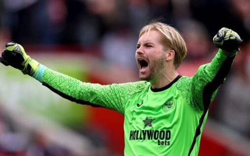 Caoimhin Kelleher playing in goal for Brentford during a Premier League match