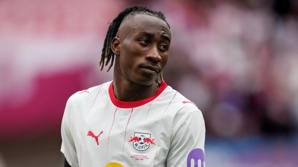 RB Leipzig winger Yan Diomande running with the football during a match