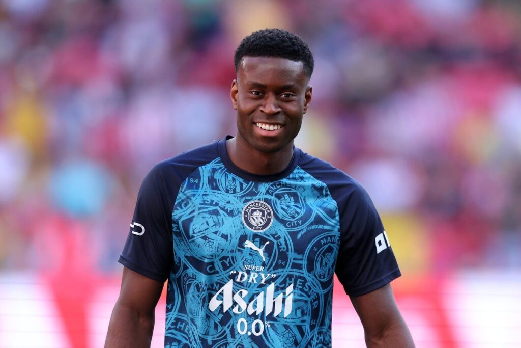 Manchester City defender Marc Guehi playing in a football match