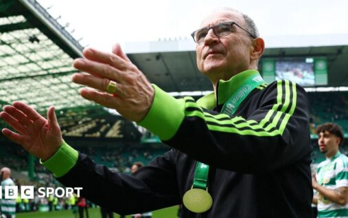 Celtic manager Martin O'Neill celebrating the Scottish Premiership title victory on the touchline