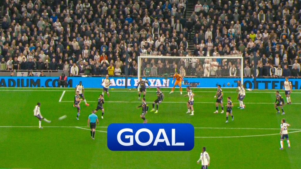 Mathys Tel celebrating his spectacular 50th-minute goal for Tottenham Hotspur