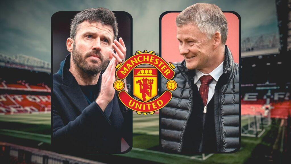 Michael Carrick standing on the touchline managing Manchester United during a Premier League match