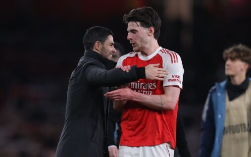 Arsenal manager Mikel Arteta issuing instructions from the touchline alongside midfielder Declan Rice
