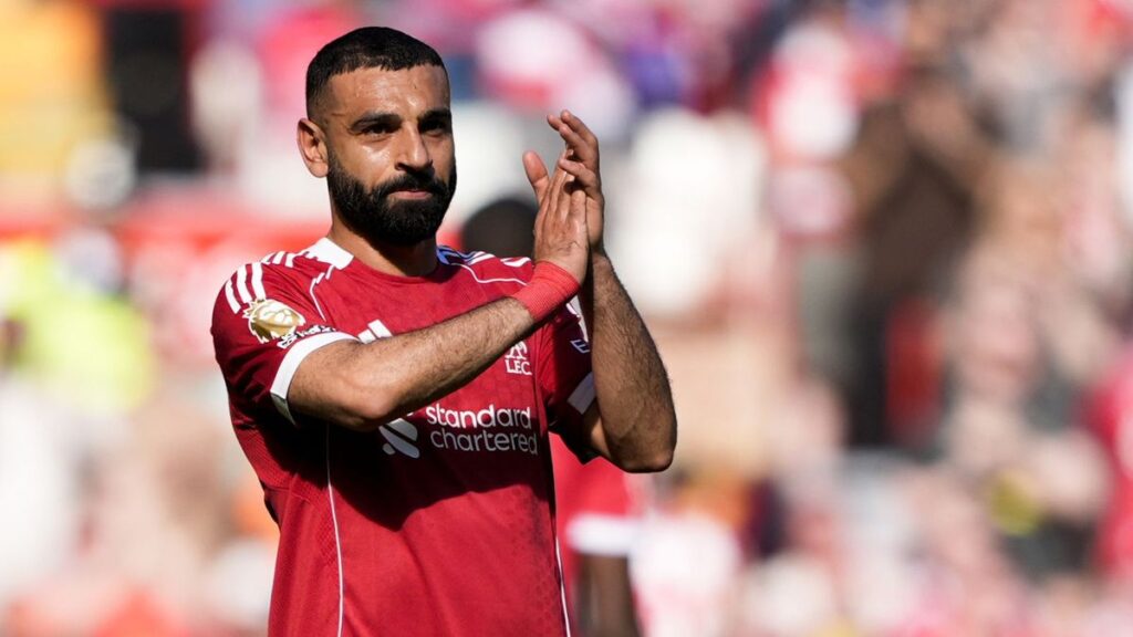 Mohamed Salah looking frustrated on the pitch during a Liverpool match