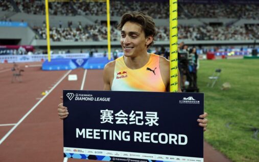 Mondo Duplantis competing in the pole vault at the Shanghai Diamond League