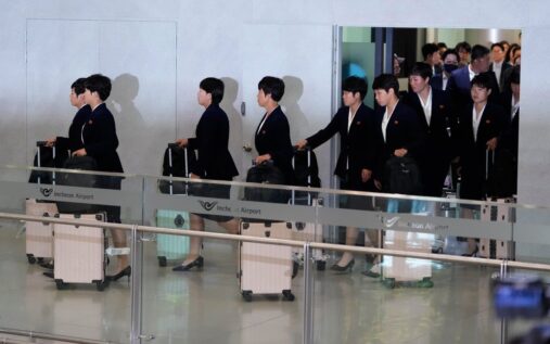 North Korean women's football team players arriving at Incheon International Airport in South Korea