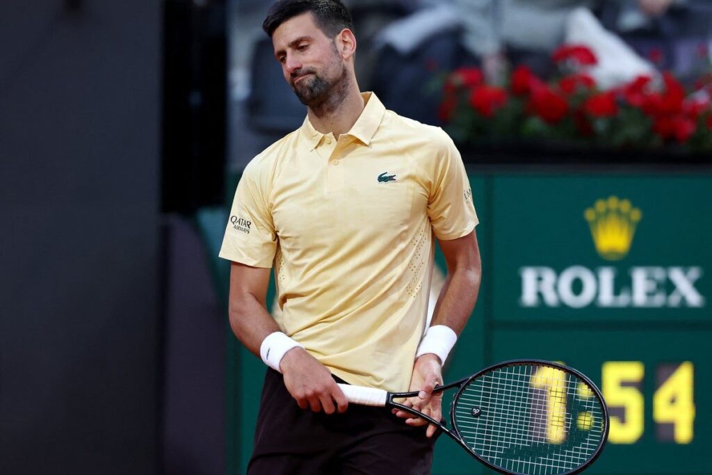 Novak Djokovic looking dejected on court during his shock Italian Open defeat to Dino Prizmic