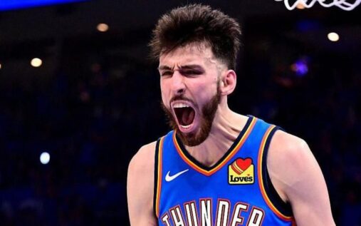 Chet Holmgren scoring for the Oklahoma City Thunder against the Los Angeles Lakers in the NBA playoffs