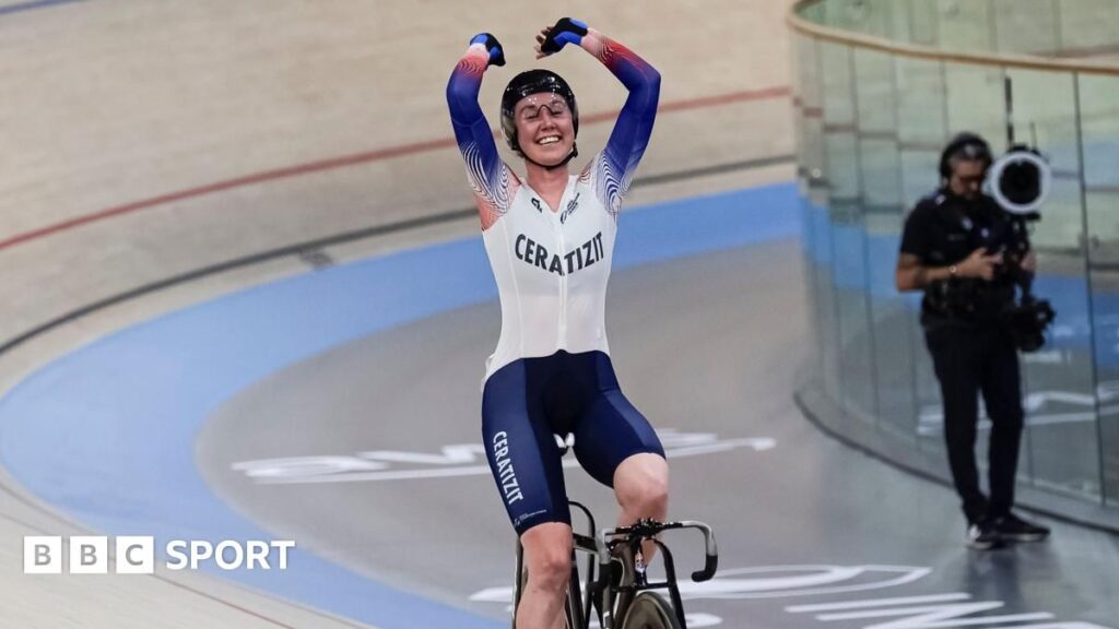 British track cyclist Katie Archibald racing in the velodrome for Team GB