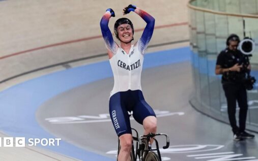British track cyclist Katie Archibald racing in the velodrome for Team GB