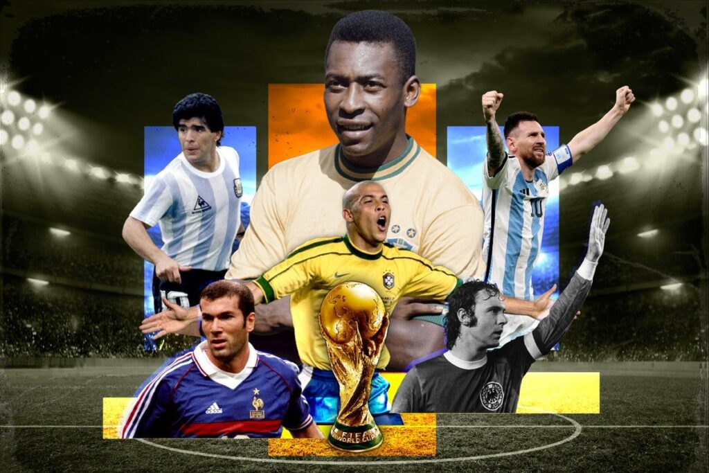 A montage of legendary Fifa World Cup players including Pele, Lionel Messi and Diego Maradona