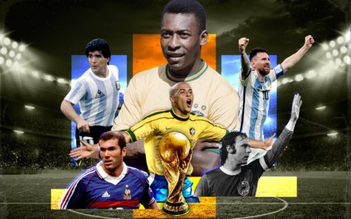 A montage of legendary Fifa World Cup players including Pele, Lionel Messi and Diego Maradona