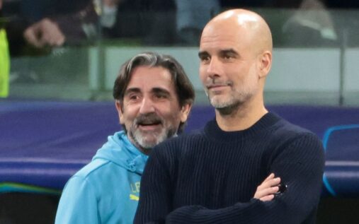 Manchester City manager Pep Guardiola looking thoughtful on the touchline during a match