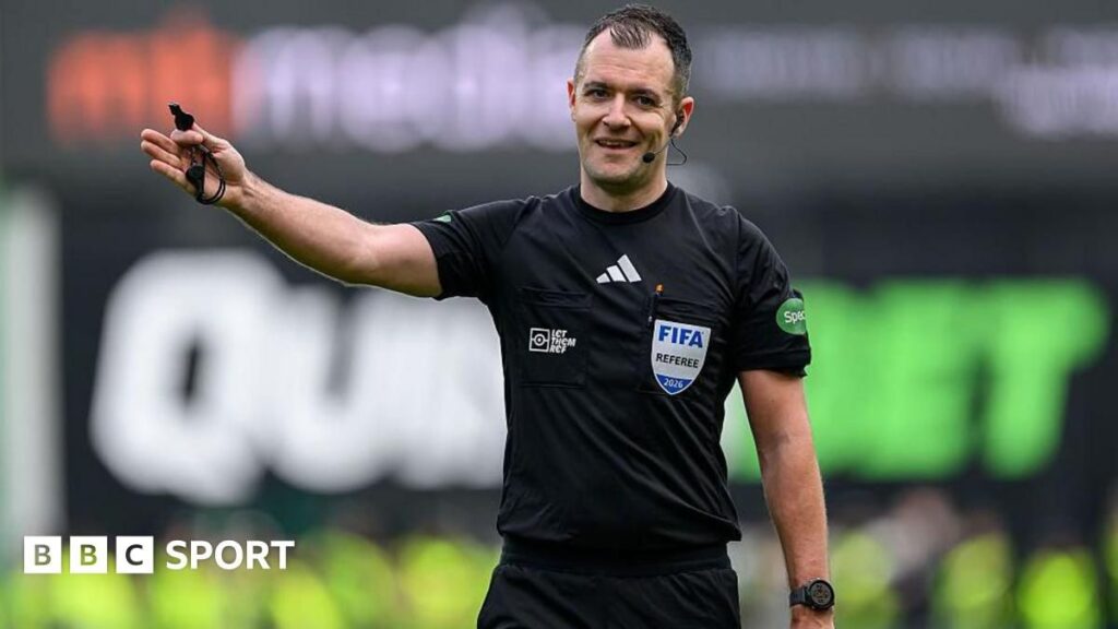 Referee John Beaton officiating during a Scottish Premiership football match