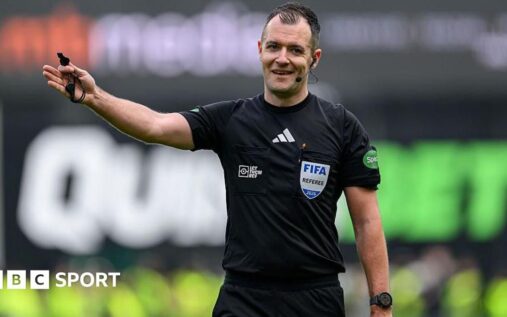 Referee John Beaton officiating during a Scottish Premiership football match