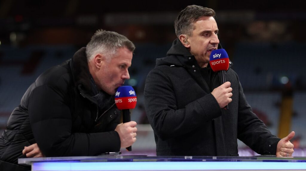 Gary Neville and Alan Shearer discussing football in a television broadcast studio