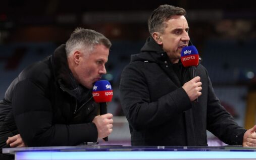 Gary Neville and Alan Shearer discussing football in a television broadcast studio