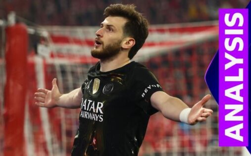 Paris St-Germain winger Khvicha Kvaratskhelia dribbling the ball during a Champions League match