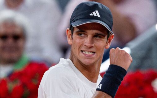 Spanish teenager Rafael Jodar hitting a forehand on a clay court at the French Open