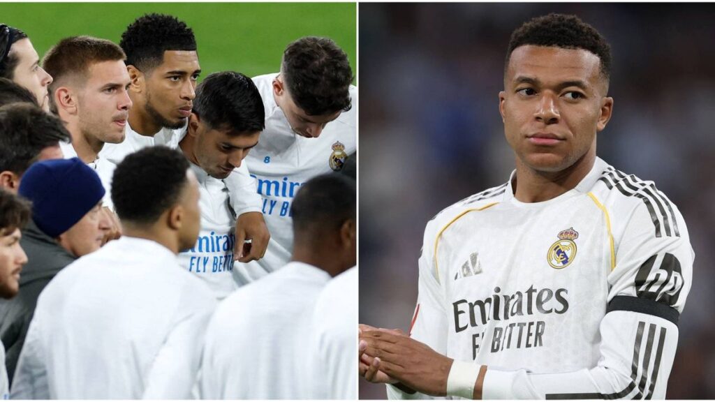 Kylian Mbappe looking serious in a Real Madrid shirt during a match