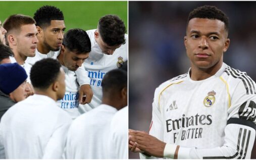 Kylian Mbappe looking serious in a Real Madrid shirt during a match